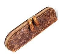 Gexmil Genuine Leather Pen Case, Full Grain Leather Pencil Holder, Hand-made Stationery Bag for Work & Office, Vintage Style, Floral Brown