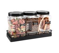 Geyecete 3 Pack Clear Plastic Jars with Lids Pet Snack Organizer 32 Oz Square Containers with Easy Grip Handles Storage Jars