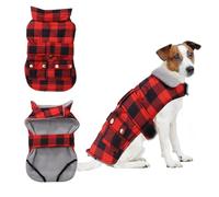Geyecete Dog Winter Coat,Windproof Fleece Warm Thick Dog Jacket Clothes for Snow Rainy Cold Weather adjustable Classic Plaid Fleece Coats with Pocket-Red-L