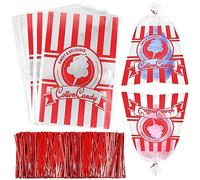 Geyee 500 Count Cotton Candy Bags with Ties Large Clear Cotton Candy Bags with Stripe Print, Perfect for the Carnivals Summer Party Kitchen Supplies 17.7 x 11.8 Inch