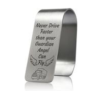 GEYGIE Never Drive Faster Than Your Guardian Angel Can Fly Engraved Stainless Steel Car Visor Clip, Inspirational Guardian Angel Safe Driving Reminder Clip Gifts for Family Friend, Drive Safe Gifts