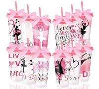 Geyoga 12 Pcs Dancer Appreciation Gifts Bulk for Women 24 oz Plastic Ballet Dance Reusable Tumbler Cup with Lid Straw Ribbon Bow for Dancer Team Gift Birthday Party Favors