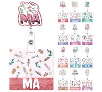 Geyoga 12 Set 24 Pcs MA Pink Badge Reel Retractable with Buddy Nurse ID Name Acrylic Retractable Scroll Sequins with Alligator Clip for Medical Assistant School Nurse Decorated Gifts