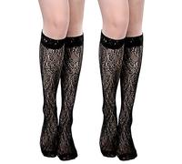 Geyoga 2 Pairs Knee High Socks Women Lace Frilly Ruffle Anklet Socks Sheer Fishnet Patterned Stockings(Black)