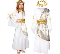 Geyoga 2 Pcs Greek Toga Costume Girls Grecian Roman Costume and Roman Crown Leaf Wreath Halloween(Kid Size, Small,White Gold)