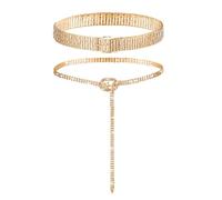 Geyoga 2 Pieces Women Rhinestone Belt for Dress Crystal Diamond Shiny Wide Waist Ladies Belt, Gold, X-Large, Fit Waist Size 43-48 Inch