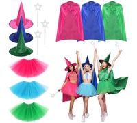 Geyoga 3 Pack Halloween Cosplay Costume Set for Adults, Includes Satin Cape Cloak, Witch Hat, Tutu Skirt, and Star Magic Wand Blue Green Rose Red 3 Color Options Halloween Party Dress up Accessories