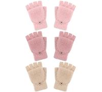 Geyoga 3 Pack Kids Fingerless Gloves Winter Flip Gloves Warm Convertible Mitten for Girls Teenager Half Fingerless Mittens(Beige, Pink, Red,5-10 Years)