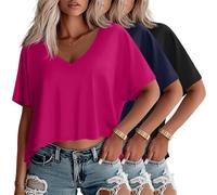 Geyoga 3 Pack Oversized T Shirts for Women Short Sleeve Crop Tops V Neck Irregular Hem Baggy Cropped Tees(XXL,Rose Red, Navy Blue, Black)
