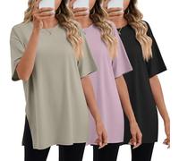 Geyoga 3 Pack Women's Oversized Gym T Shirts Short Sleeve Side Split Crewneck Tops Casual Workout Baggy Basic Tee(Black, Gray Purple, Khaki,L)