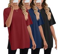 Geyoga 3 Pack Women's Oversized Gym T Shirts Short Sleeve Side Split Crewneck Tops Casual Workout Baggy Basic Tee(Black, Navy Blue, Wine Red,Large)