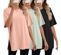 Geyoga 3 Pack Women's Oversized Gym T Shirts Short Sleeve Side Split Crewneck Tops Casual Workout Baggy Basic Tee(Black, Bean Green, Light Orange,XX-Large)