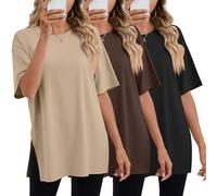 Geyoga 3 Pack Women's Oversized Gym T Shirts Short Sleeve Side Split Crewneck Tops Casual Workout Baggy Basic Tee(Black, Dark Brown, Light Coffee,Small)