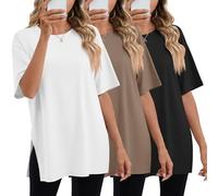 Geyoga 3 Pack Women's Oversized Gym T Shirts Short Sleeve Side Split Crewneck Tops Casual Workout Baggy Basic Tee(Black, White, Gray Brown,XXL)