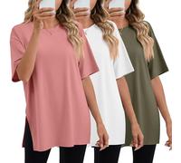 Geyoga 3 Pack Women's Oversized Gym T Shirts Short Sleeve Side Split Crewneck Tops Casual Workout Baggy Basic Tee(Army Green, White, Bean Paste Pink,X-Large)
