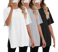 Geyoga 3 Pack Women's Oversized Gym T Shirts Short Sleeve Side Split Crewneck Tops Casual Workout Baggy Basic Tee(Black, White, Gray,XL)