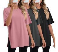 Geyoga 3 Pack Women's Oversized Gym T Shirts Short Sleeve Side Split Crewneck Tops Casual Workout Baggy Basic Tee(Black, Dark Gray, Rose Pink,Large)
