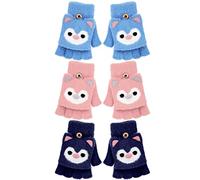 Geyoga 3 Pair Flip Top Mitts, Blue, Pink, Navy Blue, 4-7year