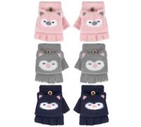 Geyoga 3 Pair Flip Top Mitts, Gray, Light Pink, Navy Blue, 4-7year
