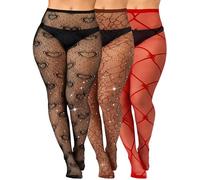 Geyoga 3 Pair Plus Size Rhinestone Fishnets Stockings Glitter Sparkly Tights High Waist Black Fishnet Pantyhose for Women (Red,Brown,Black,XL-4XL)