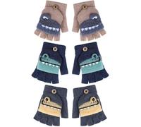 Geyoga 3 Pairs Winter Fingerless Gloves for Kids Convertible Knitted Mitten Gloves Warm Half Finger for Boys Girls 5-10 Year(Dark Grey, Navy Blue, Brown)