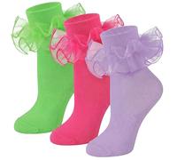 Geyoga 3 Pairs Women Big Ruffle Socks Turn Cuff, Double Lace Ankle Cotton Frilly Socks for Ladies Halloween, Fluorescent Green, Rose Red, Purple, One size