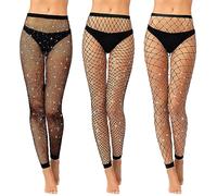 Geyoga 3 Pcs Fishnet Footless Tights Women Glitter Fishnet Stockings High Waist Footless Tights Leggings(Black,L)