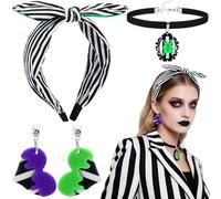 Geyoga 3 Pcs Halloween Beetle Costume Accessories Black White Striped Green Purple Women Headband Necklace Earrings Cosplay Outfits Props