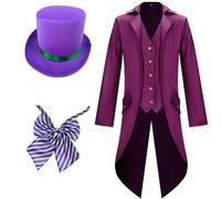 Geyoga 3 Pcs Halloween Men's Hatter Costume Include Steampunk Tailcoat Jacket Top Hat Bow Tie for Halloween Adults Cosplay (Small) Purple
