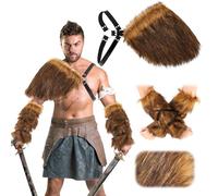 Geyoga 3 Pieces Halloween Mens Viking Costume Medieval Faux Fur Shoulder Armor Arm Cuff Cloak (Dark Brown)