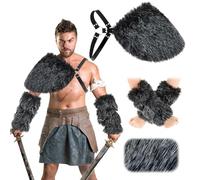 Geyoga 3 Pieces Halloween Mens Viking Costume Medieval Faux Fur Shoulder Armor Arm Cuff Cloak(Gray)