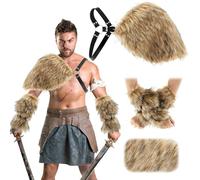 Geyoga 3 Pieces Halloween Mens Viking Costume Medieval Viking Faux Fur Shoulder Armor Faux Fur Arm Cuffs Wrap Medieval Costume Cloak Bracers Hand Warmer for Halloween Cosplay Men Brown