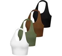 Geyoga 4 Pack Women Halter Tops V Neck Crop Top Halterneck Tank Tops Backless Tie Back Crop Top Deep V Neck Vest, Black, White, Army Green, Coffee, M