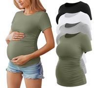 Geyoga 4 Pack Women's Maternity Shirts, Crew Neck Maternity Top Short Sleeve Casual Cotton Tee Side Ruched Pregnancy Clothes(Black, Army Green, Light Heather Gray, White,Large)