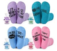 Geyoga 4 Pair Fuzzy Socks Christmas Funny Gifts Socks Stocking Stuffers for Book Dog Bake Lover, 4 Different Colors, M