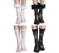 Geyoga 4 Pairs Lace Ankle Dress Socks Ruffle Frilly Mesh Lace Trim Lolita Socks for Women(Black, White)