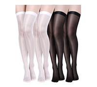 Geyoga 4 Pairs Shiny Thigh High Stockings Shimmery Silk Sheer over the Knee Stockings for Women Halloween Cosplay, Black, White, One size