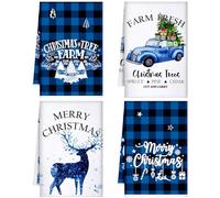 Geyoga 4 Pcs Christmas Kitchen Towels Blue Black Buffalo Plaid Hand Dishtowels Winter Holiday Absorbent Elf Truck Christmas Tree Tea Hand Dish Farmhouse Xmas Tree Towels for Housewarming Gifts