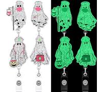 Geyoga 4 Pcs Funny Halloween Ghost Badge Reel Glitter Glow in The Dark Retractable ID Badge Holder with Alligator Clip Horror Spooky Name Tag Holder for Nurse Medical Worker Teacher Gifts(Nurse)
