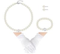 Geyoga 4 Pcs Pearl Necklace Set for Little Girls Toddler Girls Tea Party Jewelry White Pearl Earrings Bracelet Sets First Communion Gloves Kit for Kids Age 4-12 Years, 4-8 Years, artificial pearls and