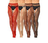 Geyoga 4 Pcs Rhinestone Fishnet Stockings Sparkly High Waist Fishnet Tights Women Suspender Pantyhose Thigh High Garter (Red, Skin, Coffee, Black)