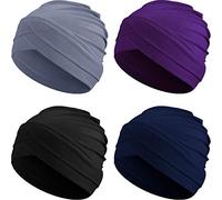 Geyoga 4 Pcs Women Turban Caps Chemo Headwear Cancer Patient Head Covering Soft Pleated Stretchy Head Wrap Sleep Hat(Black, Gray, Navy Blue, Purple)