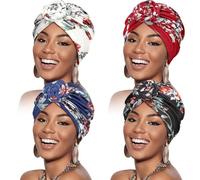 Geyoga 4 Pieces African Headwrap Turban for Women Hair Wrap Head Cap Stretch Pre-Tied Knot Bonnet Hair Covers for Black Women, Mixed Color