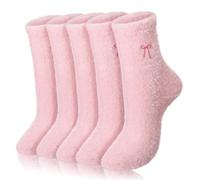Geyoga 5 Pairs Women's Bow Fuzzy Socks Winter Soft Slipper Socks Coquette Stuff Fluffy Thick Spa Home Sleeping, Pink, One Size