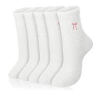 Geyoga 5 Pairs Women's Bow Fuzzy Socks Winter Soft Slipper Socks Coquette Stuff Fluffy Thick Spa Home Sleeping, White, One Size