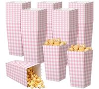 Geyoga 50 Pcs Pink Gingham Popcorn Boxes 6 x 3 x 2.4 in Plaid Popcorn Bucket Disposable Paper Party Candy Snack Containers for Movie Night Birthday Bridal Baby Shower Party Supplies
