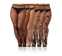Geyoga 6 Pair Plus Size Rhinestone Fishnets Stockings Glitter Sparkly Tights High Waist Black Fishnet Pantyhose for Women(Xl-4xl)