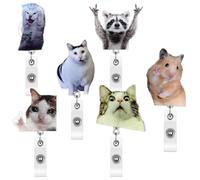 Geyoga 6 Pcs Animal Badge Reel Cat Meme Funny Hamster Raccoon Cute Badge Reels Retractable Alligator Clip Holder for Nurse Accessories Doctor