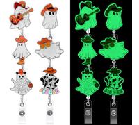 Geyoga 6 Pcs Halloween Ghost Badge Reel Glitter Glow in The Dark Retractable ID Badge Holder with Alligator Clip Horror Spooky Name Tag Holder for Nurse Medical Worker Teacher Gifts(Cowboy Ghost)