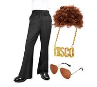 Geyoga 70s Men's Disco Costume Bell Bottom Pants for Mens Disco Pants with Wig Sunglasses Necklace for Halloween, As the Picture Shows, XL